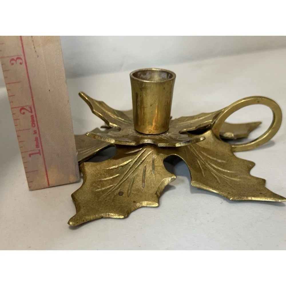 Vintage Solid Brass Holly Leaf Candlestick Holder Ring Handle Christmas‎ MCM